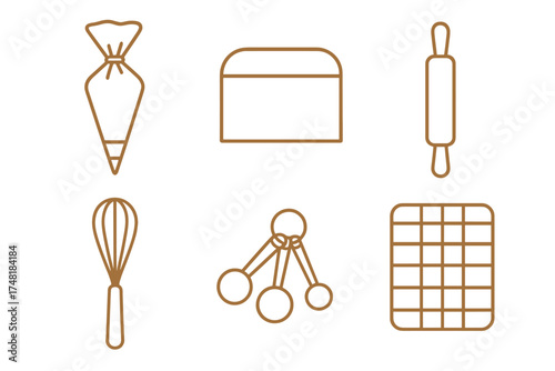 Essential baking tools and kitchen equipment set including whisk, rolling pin, and piping bag