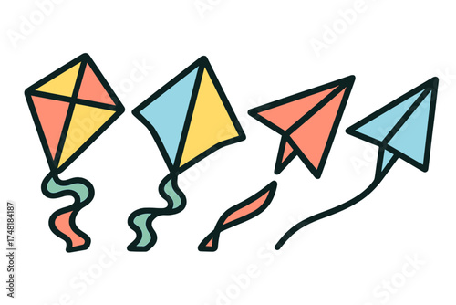 Stylized traditional diamond kites and folded paper airplanes with flowing ribbons