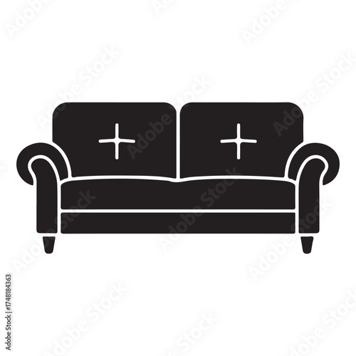 Black and White Sofa Icon Illustration Elegant Furniture Design Couch with Plus Signs Comfortable Seating for Home Decor Vector
