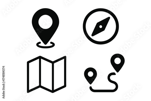 Simple graphic symbols set for GPS location, compass direction, maps, and travel routes