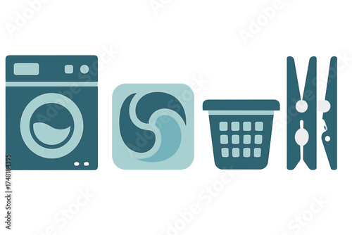 Household laundry symbols set featuring washing machine detergent basket and clothespin
