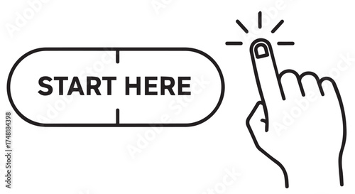 Start here button with a finger pointing to it, isolated on transparent background