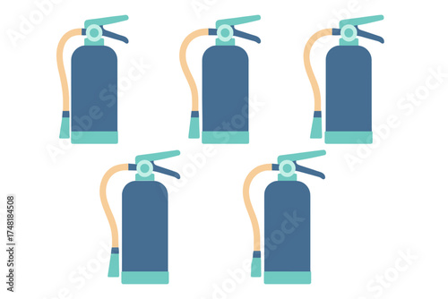 Seamless pattern of blue and teal fire extinguishers on a white background for safety