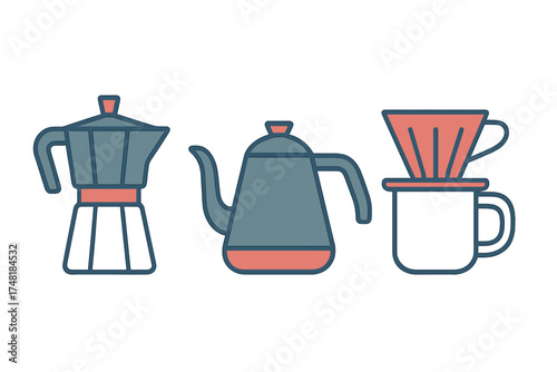 Essential coffee brewing tools including Moka pot, pour over dripper, and modern kettle