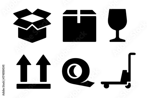 Essential shipping and packaging symbols including boxes, fragile sign, tape, and pallet jack