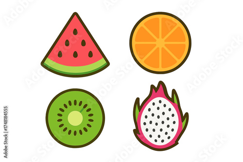 Tropical summer fruit slices collection: watermelon, orange, kiwi, and dragon fruit