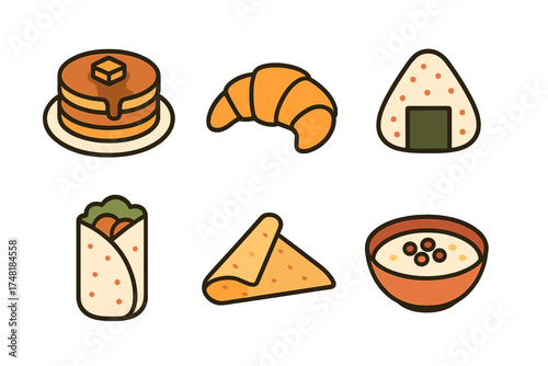 Set of popular international breakfast and snack food icons for menus and apps