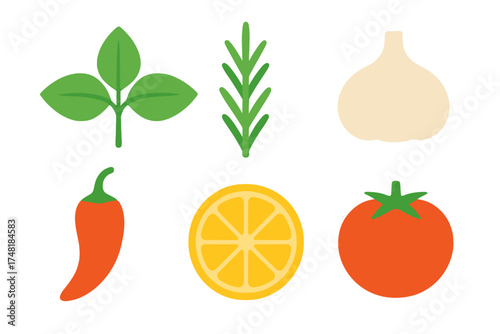 Fresh cooking ingredients set featuring basil, rosemary, garlic, chili pepper, lemon, and tomato