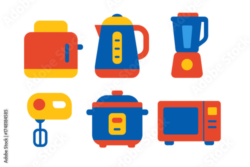 Set of essential kitchen appliances toaster kettle blender microwave in bright primary colors