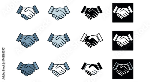 Collection of handshake icons in various styles and colors, isolated on transparent background