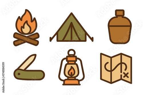 Essential outdoor adventure and camping gear including campfire, tent, map, and lantern