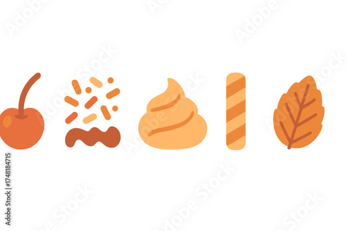 Stylized set of dessert garnishes: cherry, sprinkles, whipped cream, wafer, and autumn leaf