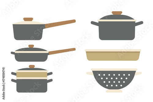 Essential kitchen cookware collection including saucepans, frying pans, steamer, baking tray, and colander