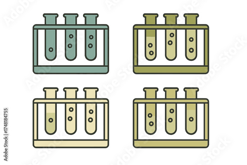 Four sets of laboratory test tubes in racks containing various chemical liquids and bubbles