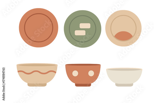 Modern ceramic tableware collection featuring plates and bowls in earthy terracotta and sage green colors