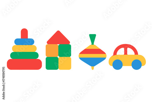 Set of classic children's toys including stacking pyramid, building blocks, spinning top, and toy car