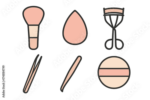 Essential beauty and cosmetic tools collection including makeup brush, blending sponge, and nail accessories