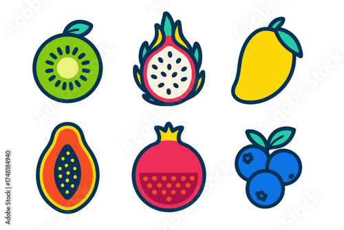 Set of tropical and exotic fruit icons featuring kiwi dragon fruit mango and papaya