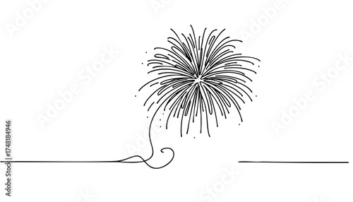 Single line drawing in modern minimalist style of New Year fireworks celebration on white background with copy space