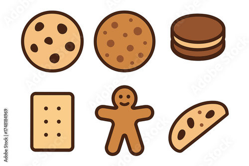 Assortment of popular cookies and biscuits including chocolate chip, sandwich, cracker, and gingerbread man shapes