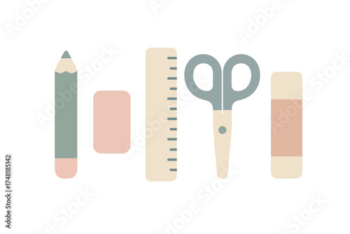Minimalist arrangement of essential school and office supplies pencil ruler scissors eraser and glue stick