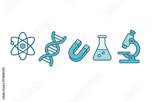 Essential scientific symbols set including atom, DNA, magnet, flask, and microscope icons