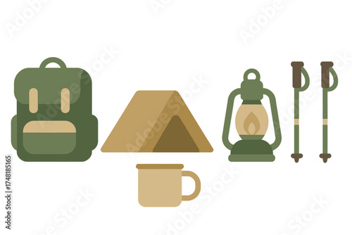 Set of essential outdoor adventure equipment including backpack, tent, lantern, mug, and trekking poles