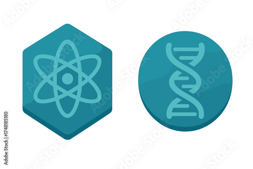 Atom structure and DNA helix symbols representing science research and biotechnology
