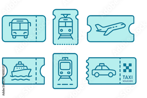 Set of stylized travel tickets and transport vouchers for airplane, bus, train, ship, and taxi