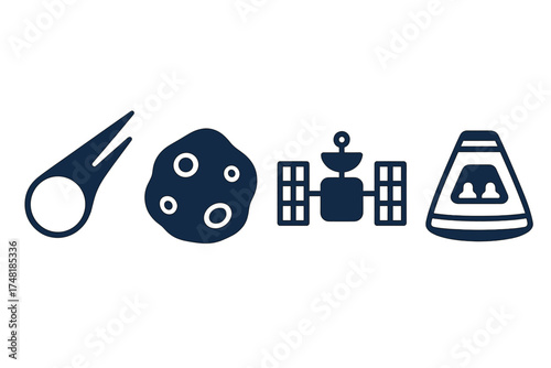 Set of space exploration symbols including comet, asteroid, satellite, and crew capsule