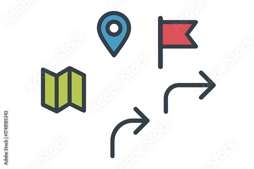 Navigation icons set featuring folded map, location pin, destination flag, and directional arrows