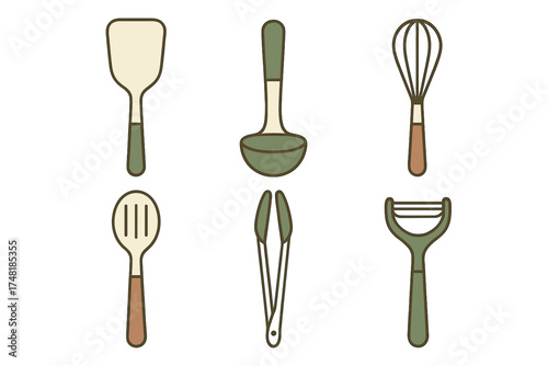 Collection of six common kitchen utensils and cooking implements on white background