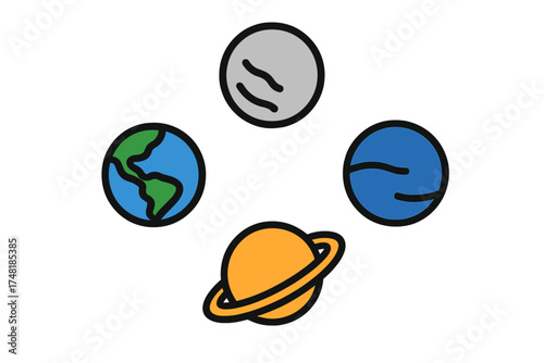 Colorful stylized set of four space symbols featuring Earth and Saturn