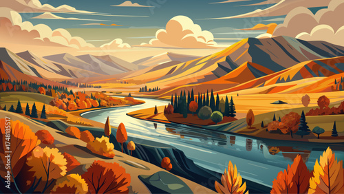 Very beautiful panoramic view across the Yakima River and Kittitas County landscape in fall, vector-style illustration showcasing warm colors, flowing water, and serene natural beauty.