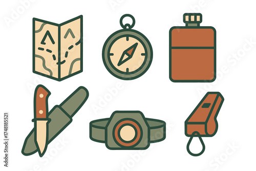 Essential outdoor survival gear including map compass knife and headlamp