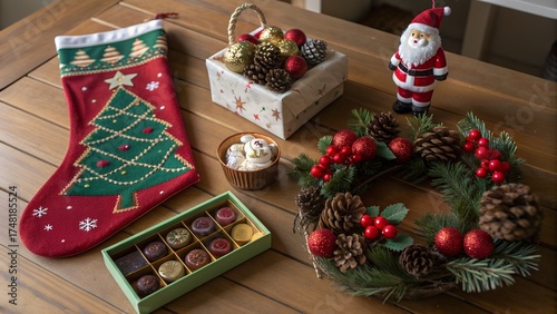 Cozy Christmas morning setup with festive stocking, chocolates, Santa, and pine wreath on wooden table