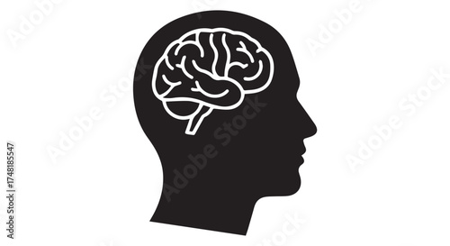 Stylized silhouette of a human head with a detailed brain illustration inside, isolated on transparent background