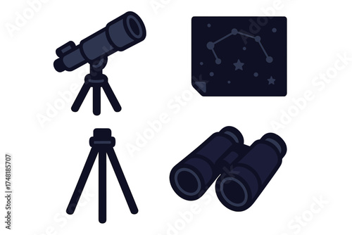 Set of astronomy observation equipment including telescope, binoculars, and star map