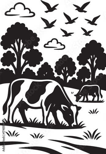 Black and white cows grazing in a field with trees and birds