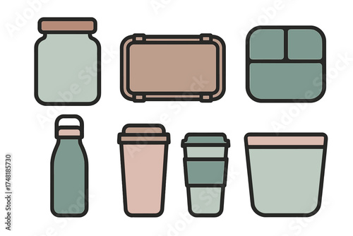 Set of reusable food and drink containers jars bottles and lunch boxes promoting eco-friendly lifestyle