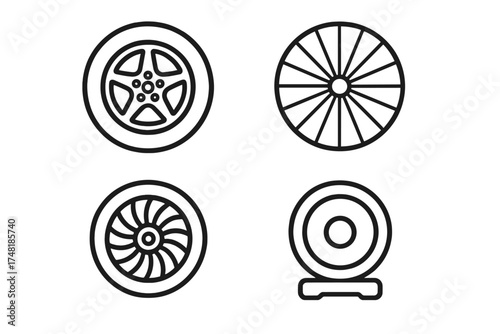 Set of outline symbols for automotive wheels, tires, rims, and transportation
