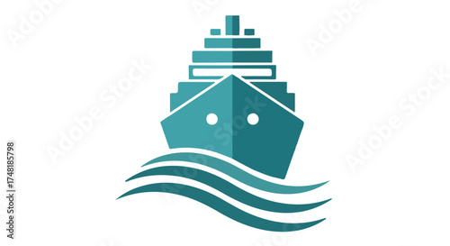 A stylized teal cruise ship sailing on wavy water, isolated on transparent background