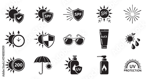 Collection of black icons related to sun protection, spf, and uv rays, isolated on transparent background