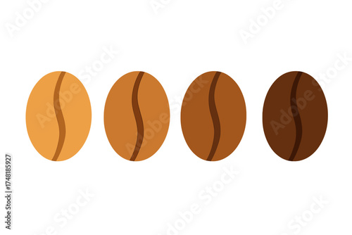Four coffee beans displaying a roasting gradient from light golden to dark brown