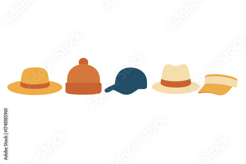 Collection of diverse headwear accessories including hats caps and beanies for all seasons