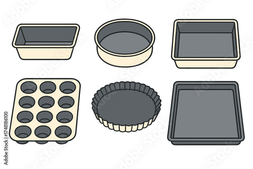 Set of essential kitchen bakeware including loaf pan, cake pan, muffin tin, tart pan, and baking sheet