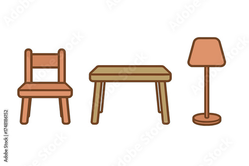 Simple set of wooden furniture including a dining chair, small table, and standing floor lamp