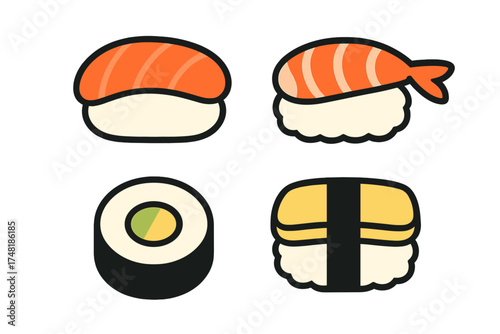 Four cute Japanese sushi and maki rolls featuring salmon, shrimp, and egg nigiri