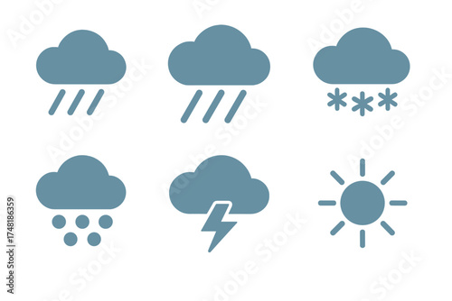 Set of six monochromatic weather symbols showing sun, rain, snow, thunderstorm, and cloudy conditions