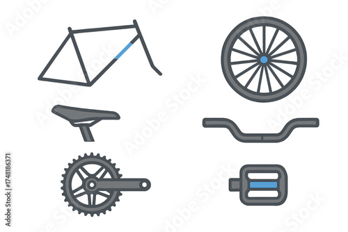 Set of essential bicycle components including frame wheel saddle handlebars crankset and pedal